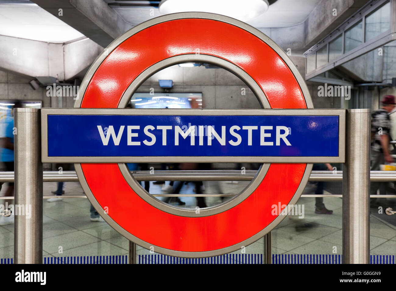 London underground Zeichen der Westminster station Stockfoto