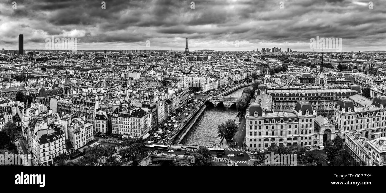 Paris, Frankreich-Panorama mit Eiffelturm, Seine Fluss und Brücken. Schwarz / weiß Stockfoto