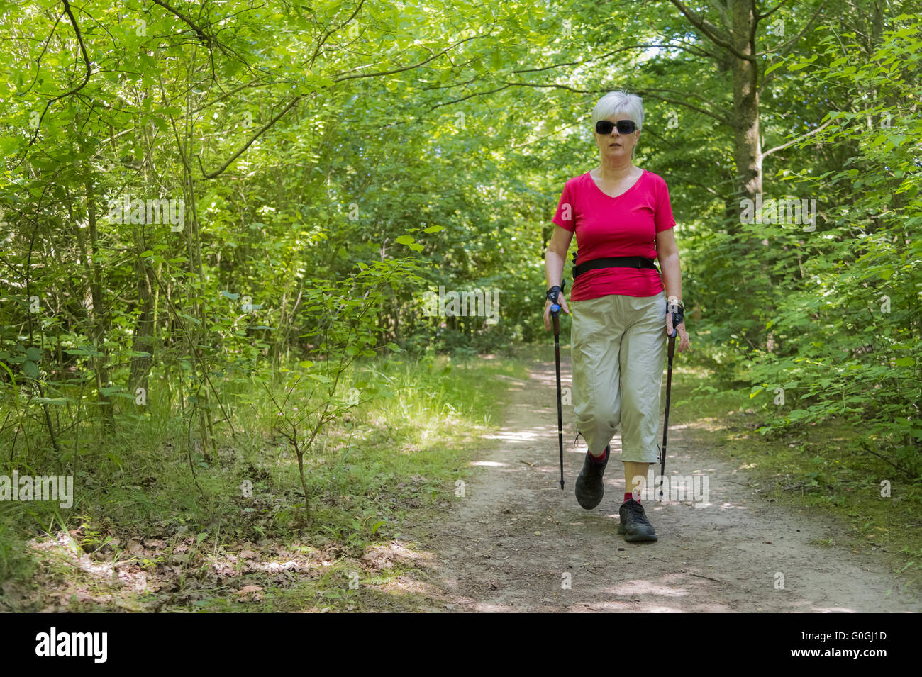 Eine ältere Dame im Sport nordic walking, auf einem Waldweg. Stockfoto