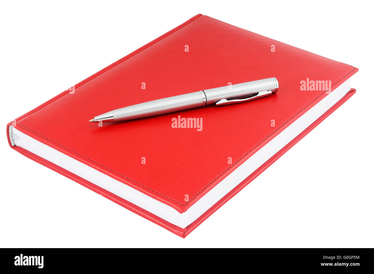 Rotes Papier persönlicher Organizer und Silberstift isoliert auf weiss Stockfoto