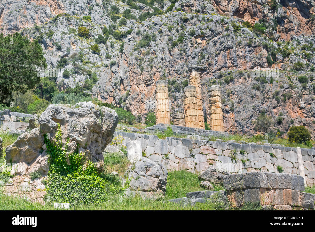 Polygonale Mauer Unterstützung der Tempel des Apollo Delphi Griechenlands Stockfoto