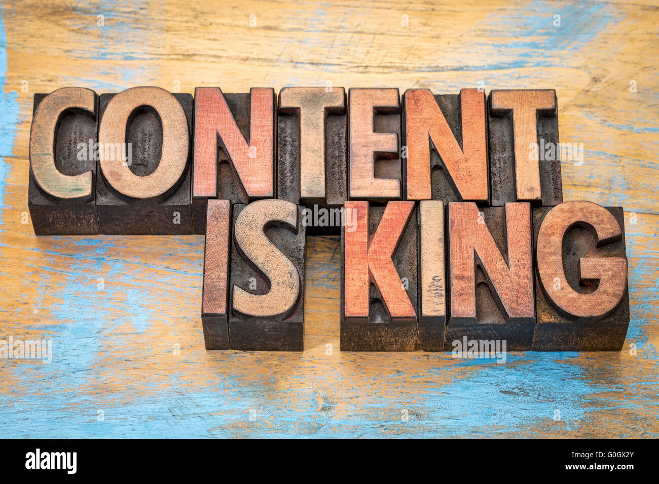 Content ist König - schreiben und veröffentlichen von Weisheit - Text in Vintage Buchdruck Holzart Druckstöcke Stockfoto