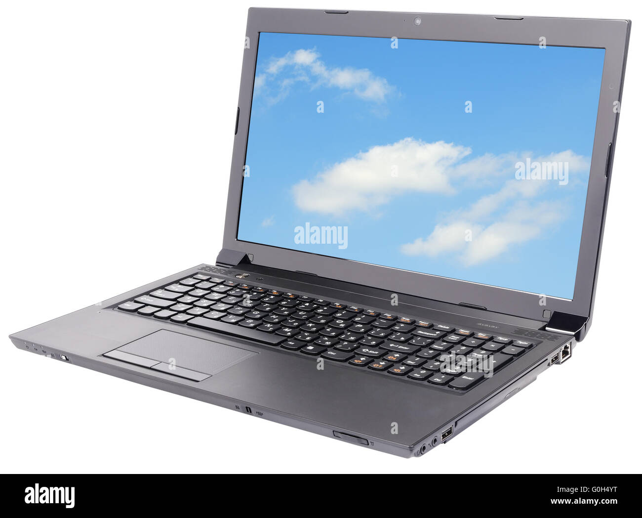 Laptop (Notebook) mit Sky desktop-wallpaper auf dem weißen isoliert Stockfoto