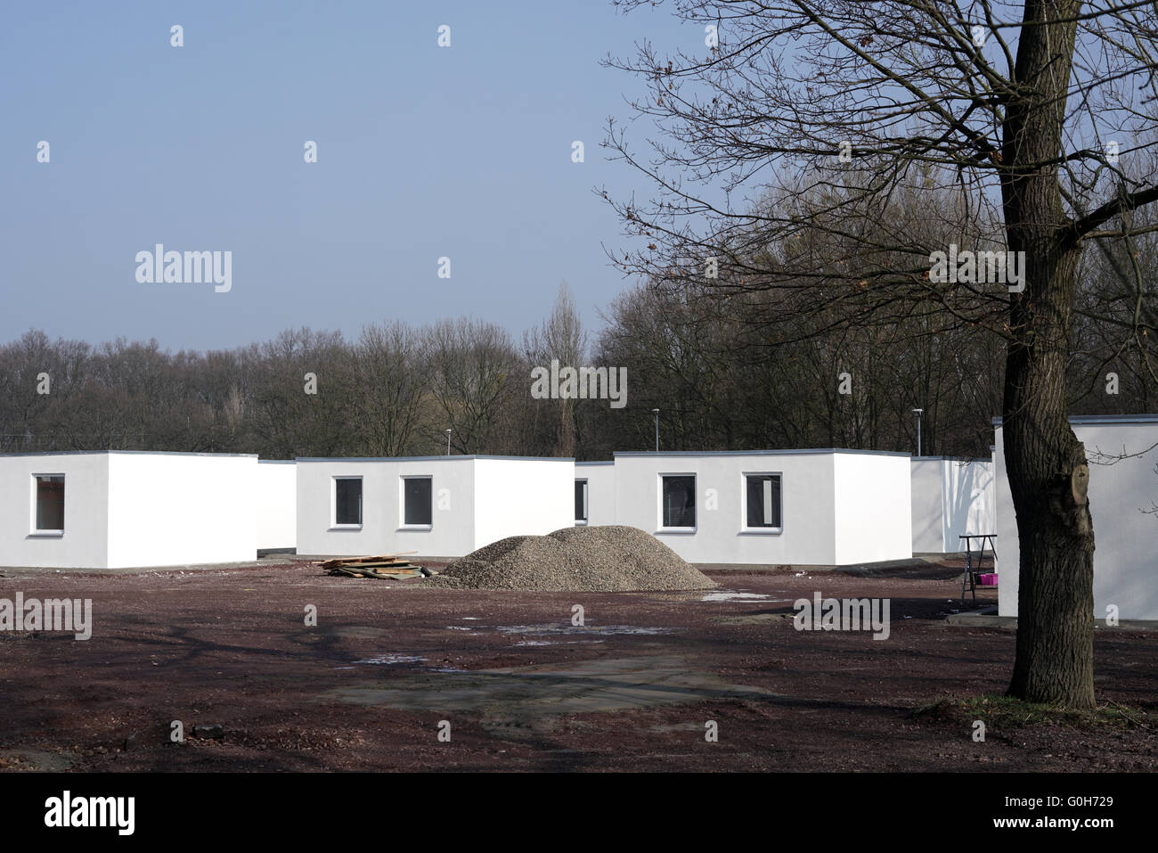 neu errichtete Flüchtlingsunterkünfte am Stadtrand von Magdeburg in Deutschland Stockfoto
