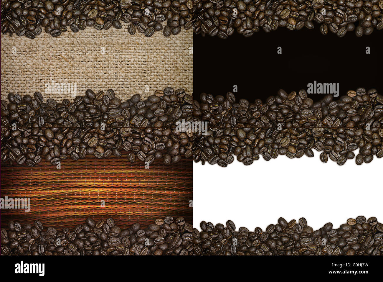 Set von vier Hintergründen mit Kaffeebohnen Stockfoto