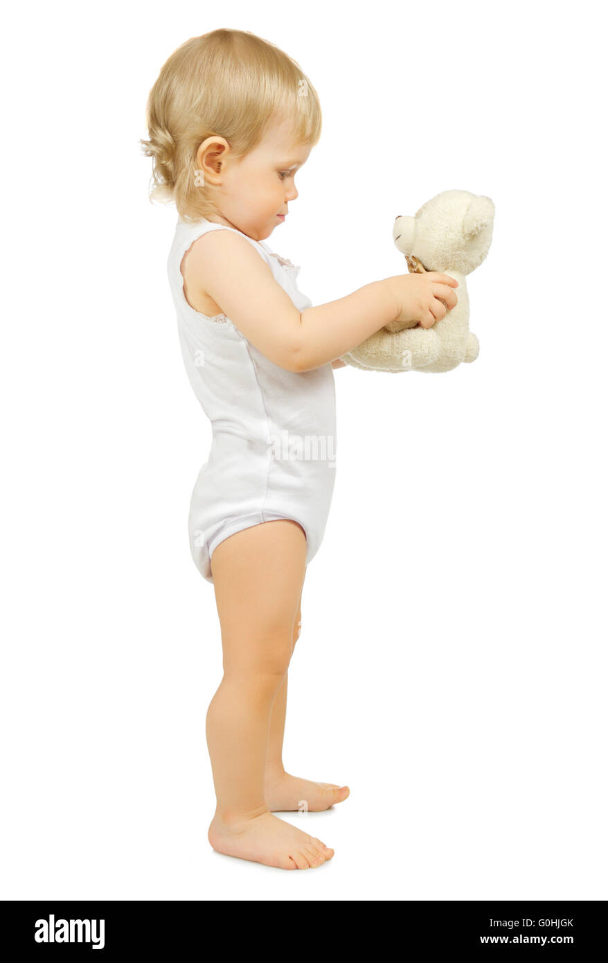 Kleines Kind mit Spielzeug isoliert Stockfoto