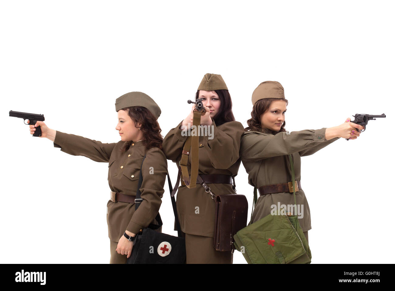 Image der Frauen Soldaten mit Gewehren posiert im studio Stockfoto