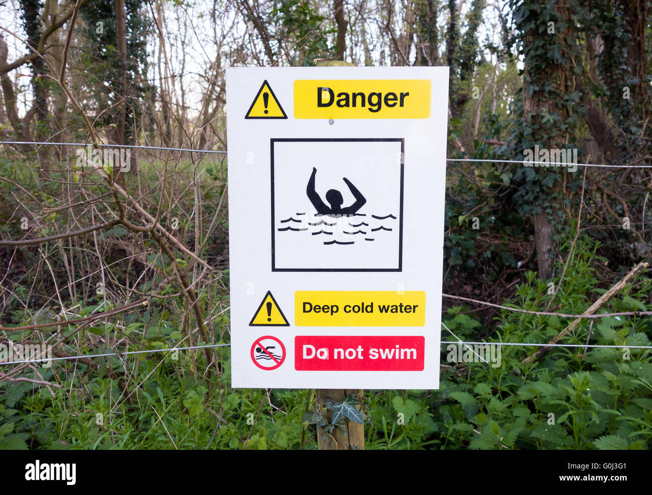 Tiefwasser-Warnschild, Gefahr des Ertrinkens Stockfoto