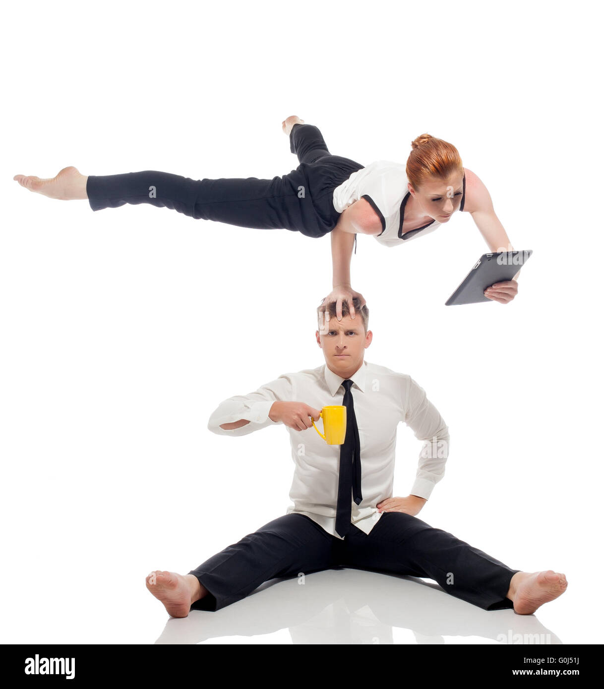 Unternehmer - Akrobaten isoliert auf weißem Hintergrund Stockfoto