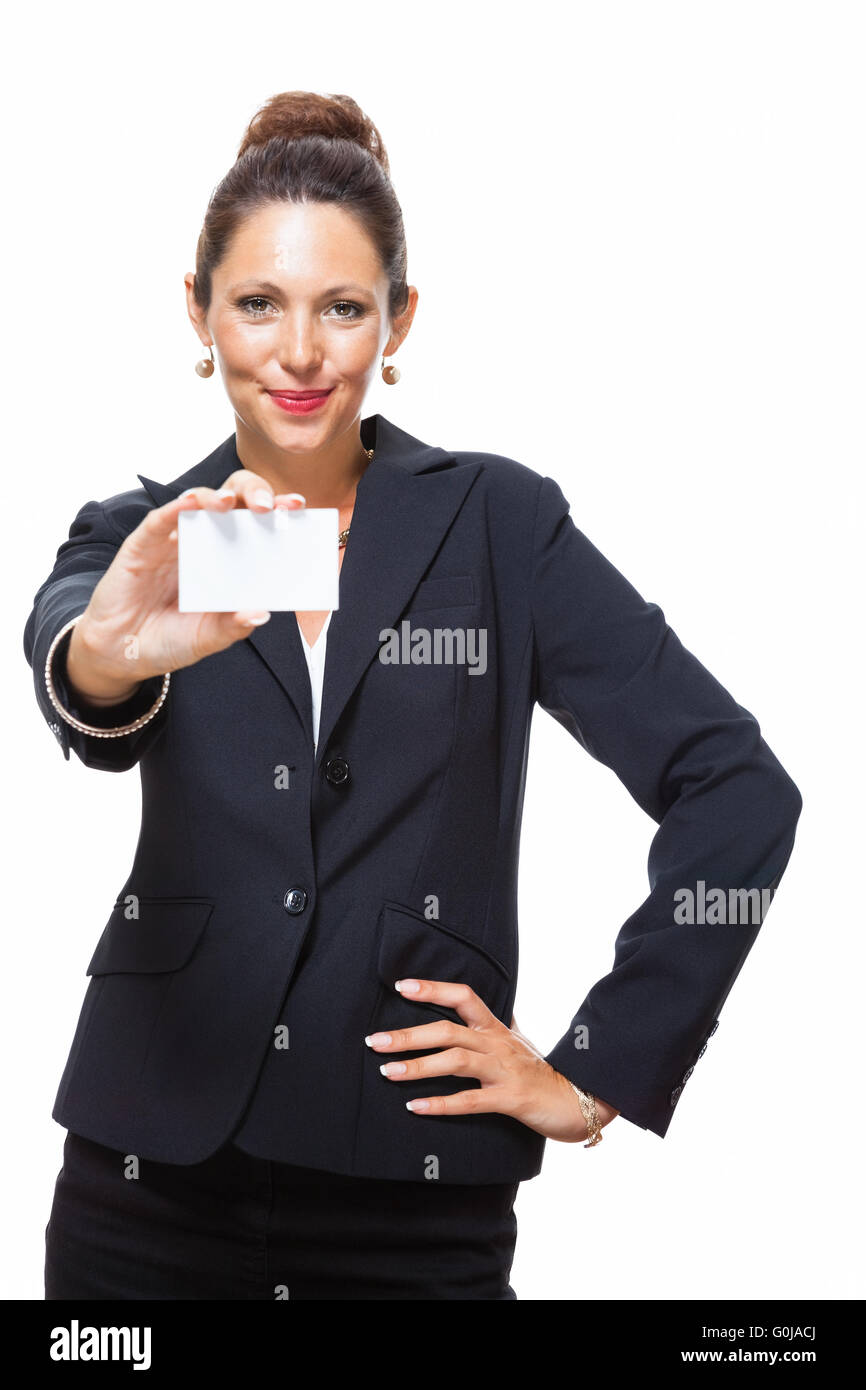 Geschäftsfrau hält kleine Karte mit Textfreiraum Stockfoto