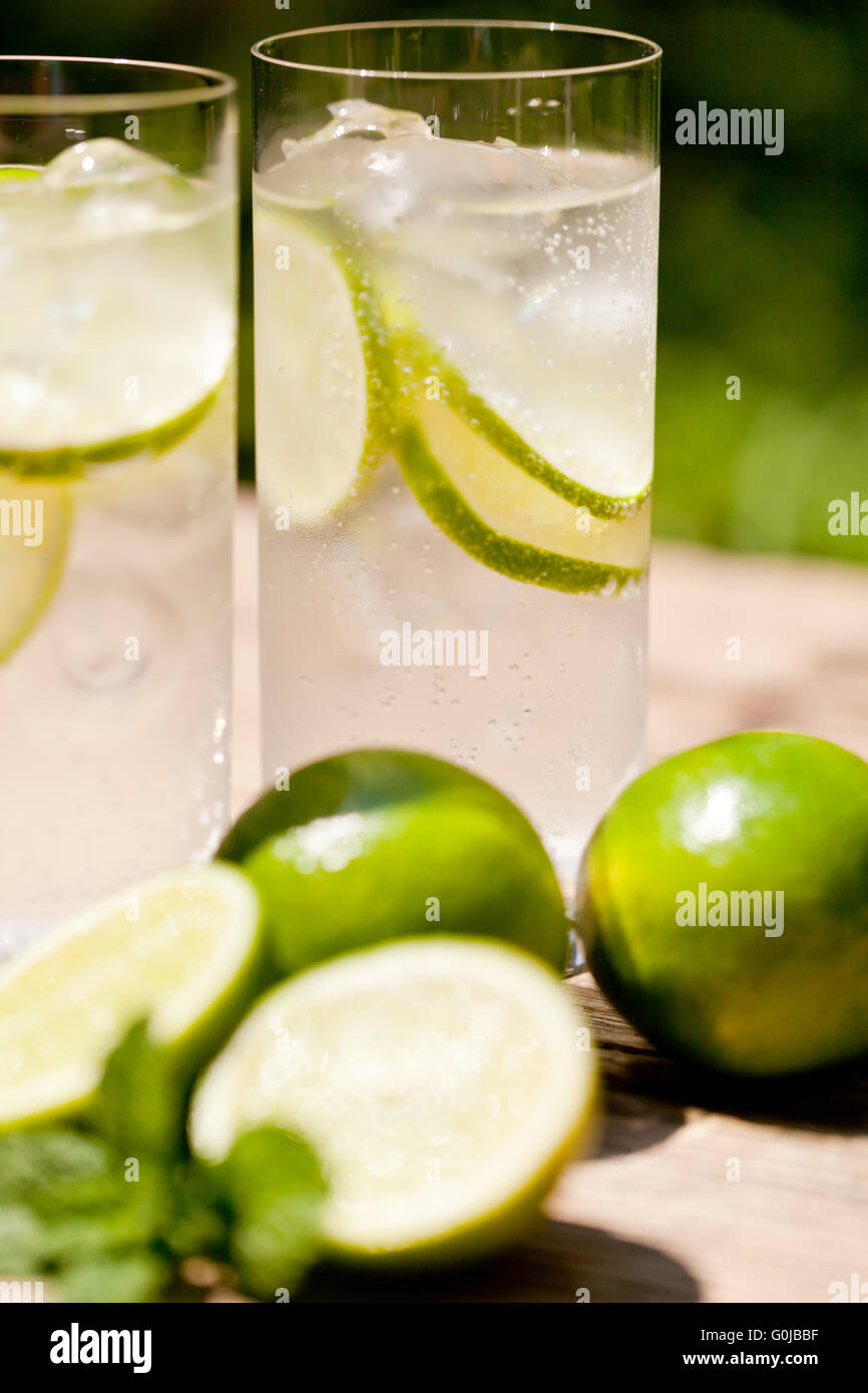 frische kalte Erfrischung trinken Mineralwasser Soda mit Limette und Minze Stockfoto