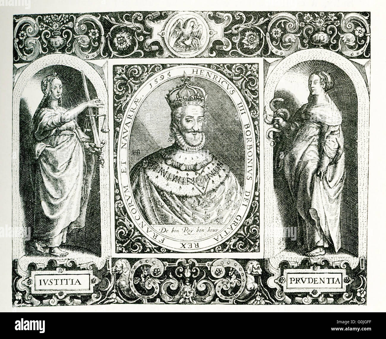 Die Figur in der Mitte ist Heinrich IV. (1553 – 1610), König von Frankreich, war auch bekannt als "Guter König Henry."  Er war der erste französische König der Haus von Bourbon. Die allegorische Figur der Gerechtigkeit ist auf seiner linken Seite und die allegorische Figur des Vorsichtsprinzips ist auf der rechten Seite. Die Gravur ist von Theodor de Bry, eine belgische Graveur, Goldschmied, Herausgeber und Verleger. Stockfoto