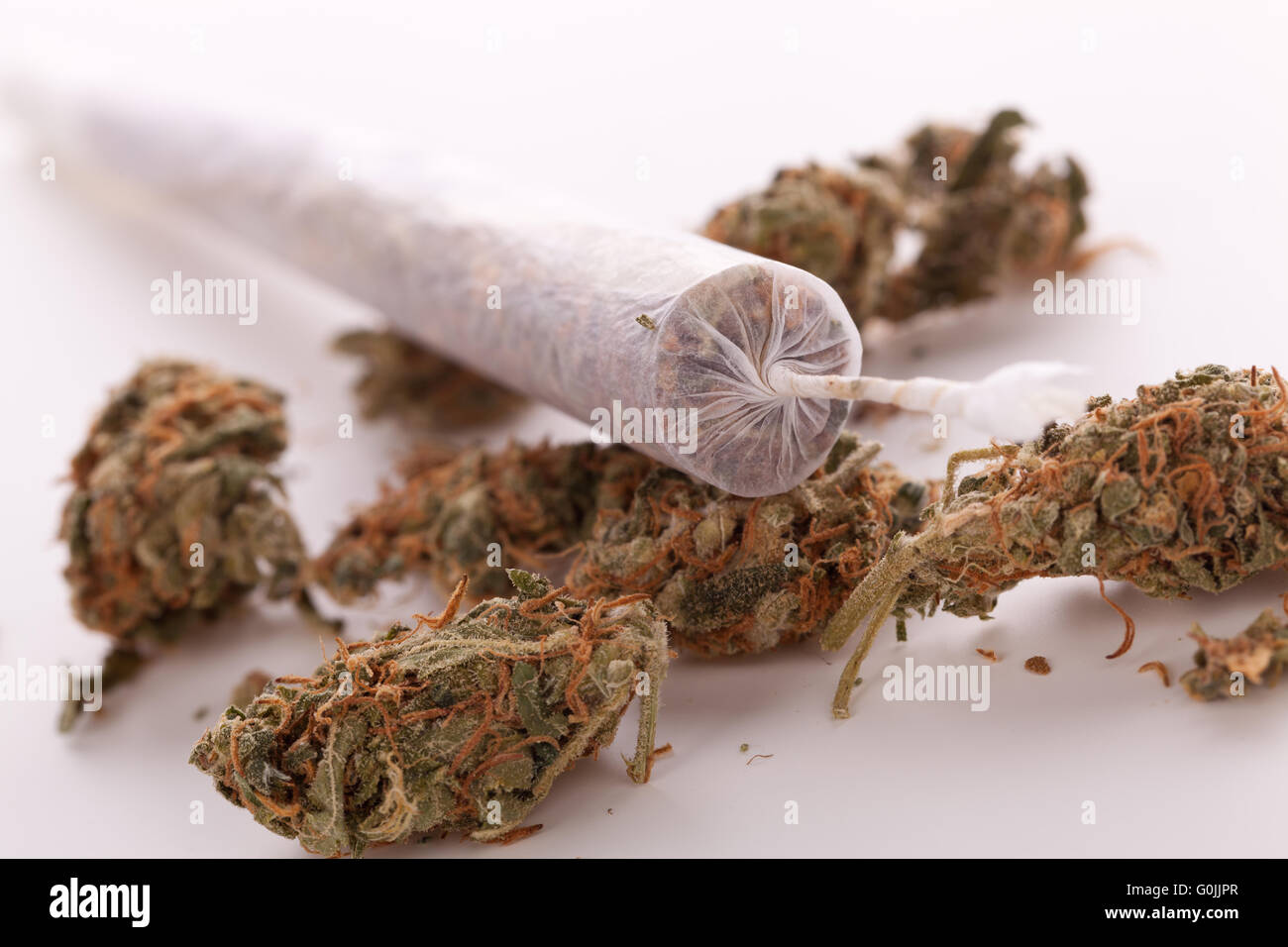 Nahaufnahme von getrockneten Marihuana Blätter und Gelenk Stockfoto
