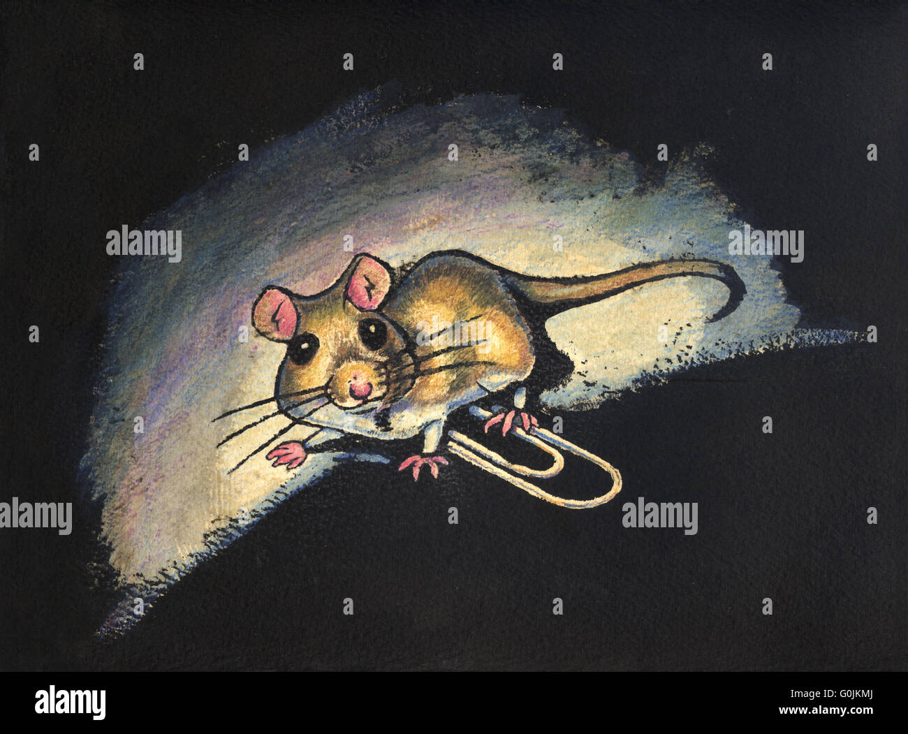 Tusche und Aquarell Illustration eine kleine Maus, die zu Fuß über eine Büroklammer. Die Maus scheint erschrocken. Stockfoto Tusche und Aquarell Illustration eine kleine Maus, die zu Fuß über eine Büroklammer. Die Maus scheint erschrocken. Stockfoto