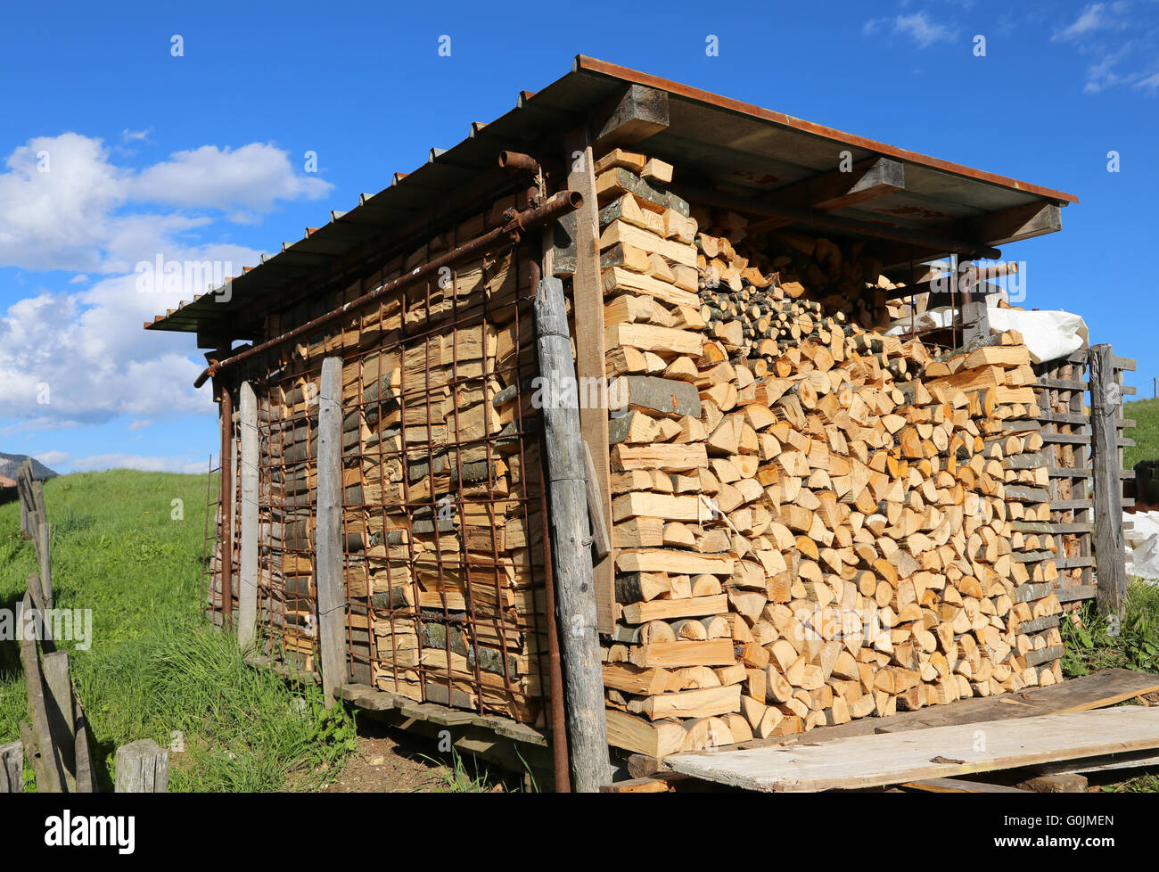 Protokolle und Hölzer von einem Holzstapel in den Holzschuppen Stockfoto
