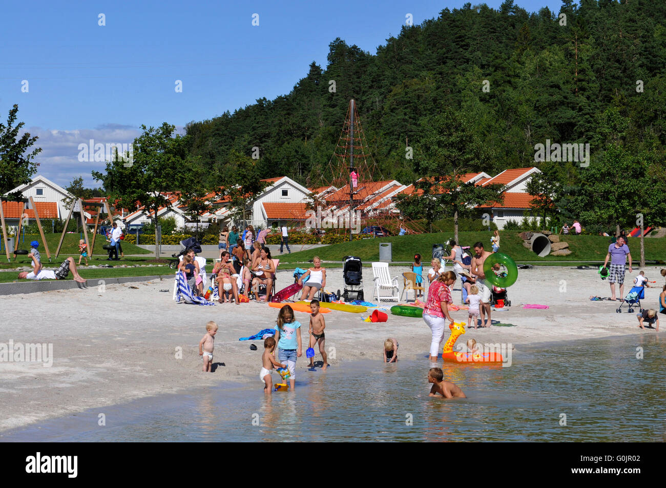 Sandstrand, Naherholungsgebiet, Oslofjord, Brunstad Christian Church, Vestfold, Norwegen / Smiths Freunde Stockfoto