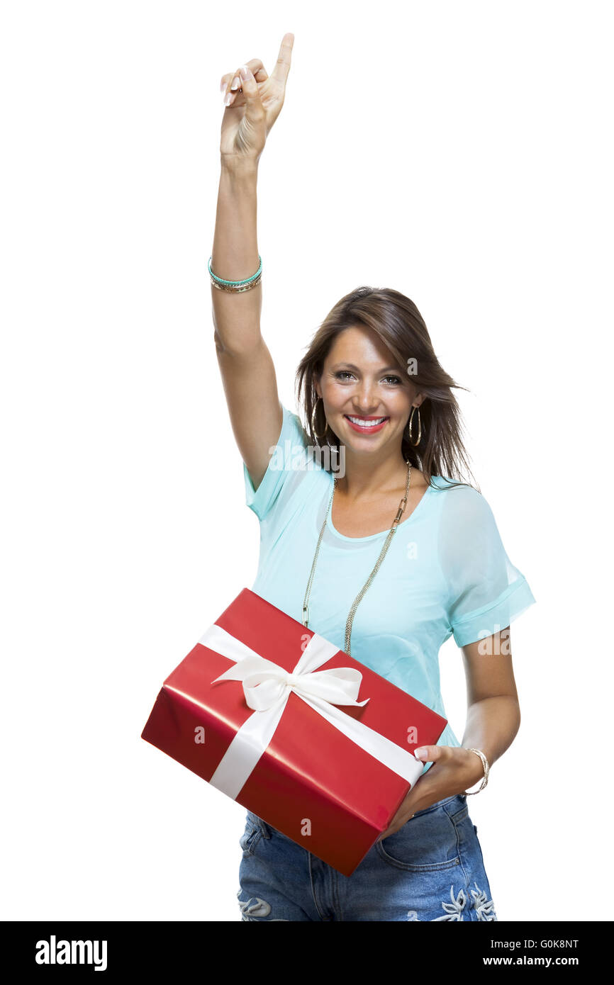 Glückliche Frau mit roten Geschenk-Box Stockfoto