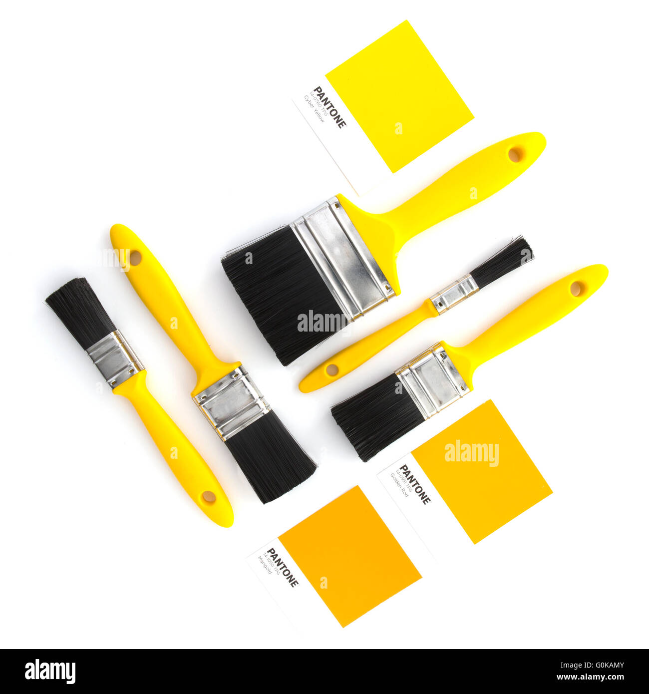 Sammlung von gelben Pinsel mit Pantone Farbe Proben auf einem weißen Hintergrund flatlay Stockfoto