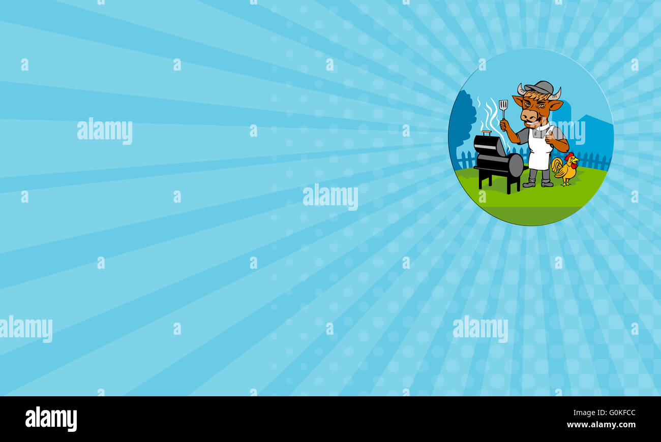 Visitenkarte zeigt Abbildung der Kuh Grill Chef mit einem Spatel mit einem Minister Clerical Collar, Hut und Schürze mit Grill oder Smoker und Huhn Hahn auf Seite legen in ovaler Form in Karikatur Stil getan. Stockfoto