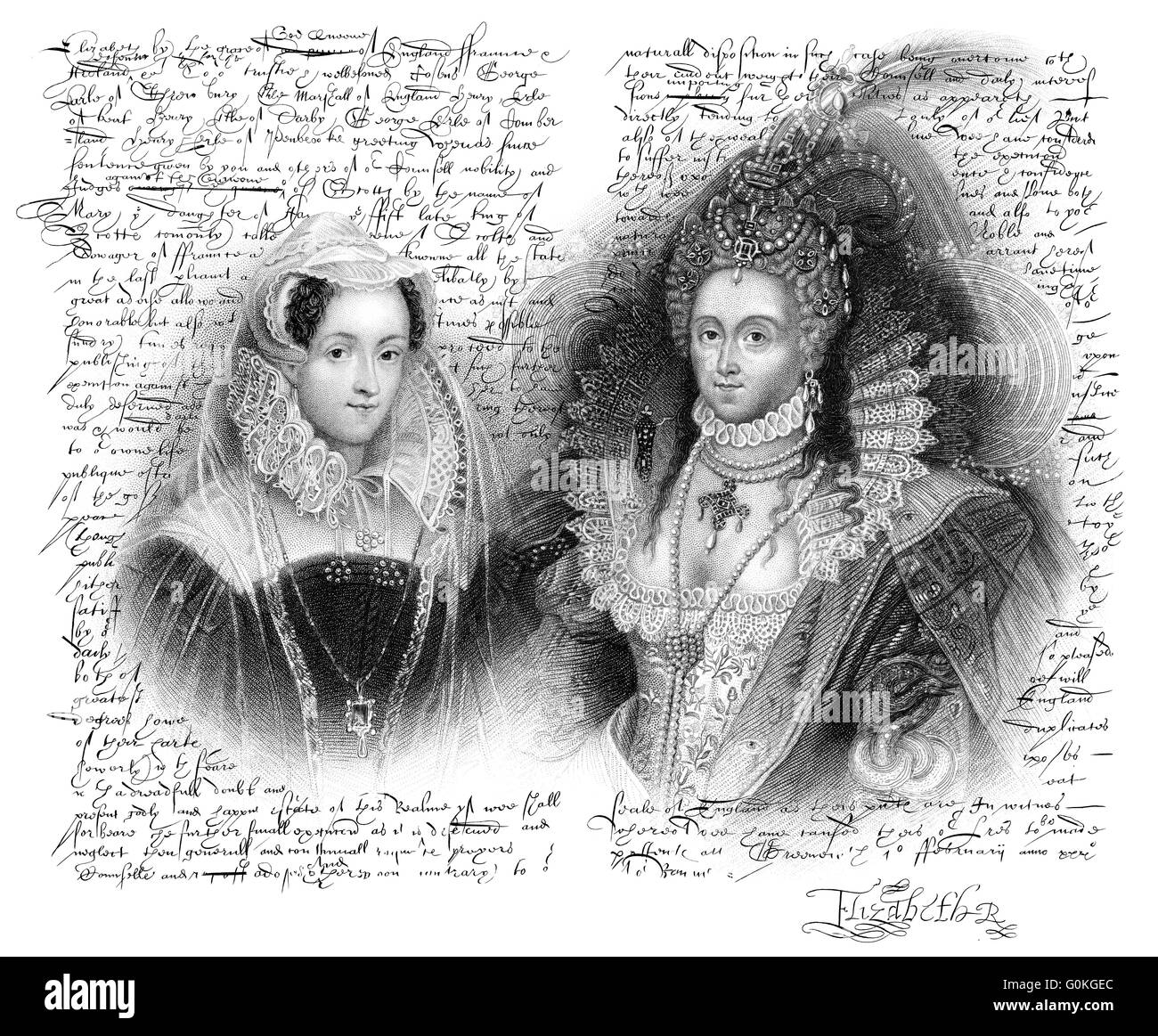 Faksimile, der Haftbefehl der Ausführung von Mary Stuart, Königin von Schottland, geschrieben von Elizabeth I, 1533-1603, Königin von England, am Febr Stockfoto