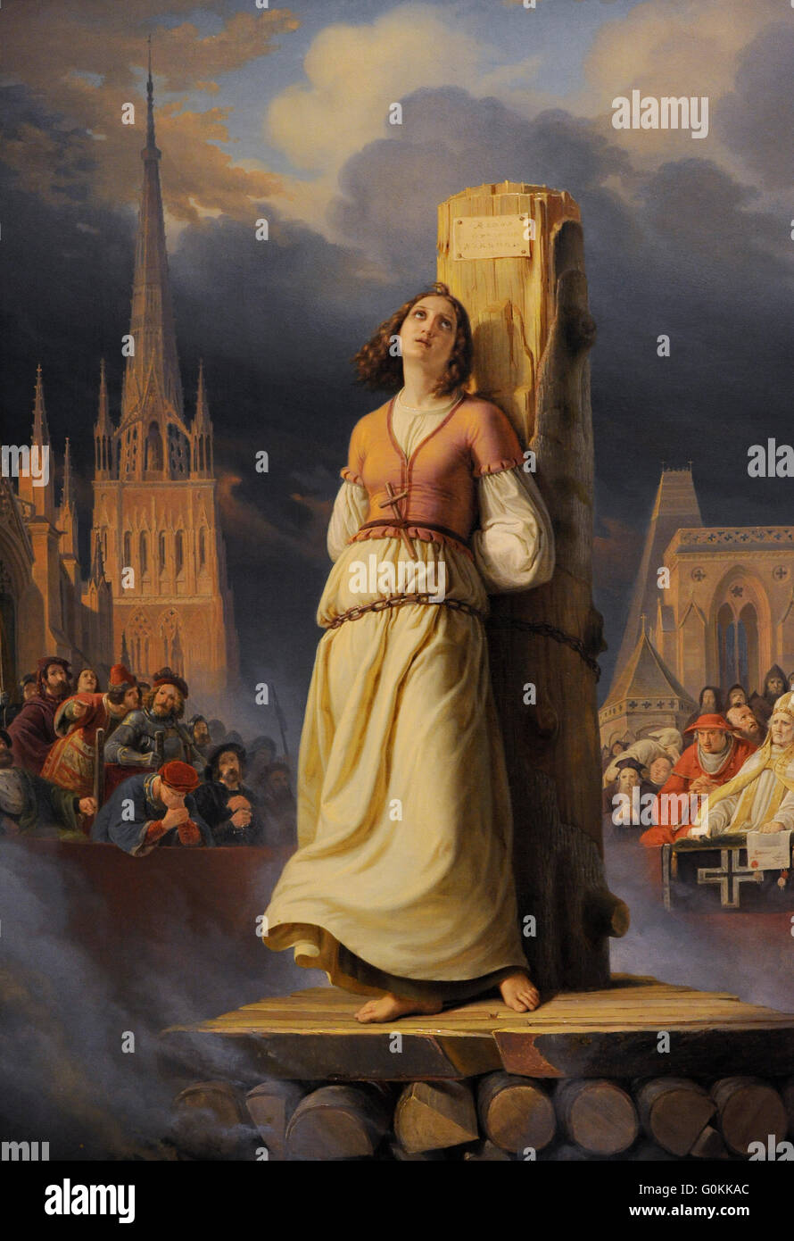 Hermann Anton Stilke (1803-1860). Deutscher Maler. Jeanne d ' Arcs Tod auf dem Scheiterhaufen (rechten Teil des Triptychon "Das Leben der Jeanne d ' Arc"), 1843. Öl auf Leinwand. Die Eremitage. Sankt Petersburg. Russland. Stockfoto