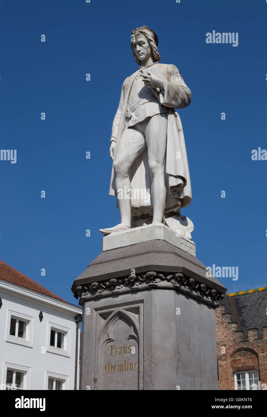 Statue des deutschen Malers Hans Memling (1430-1494) in Woensdagmarkt, Brügge, Belgien Stockfoto