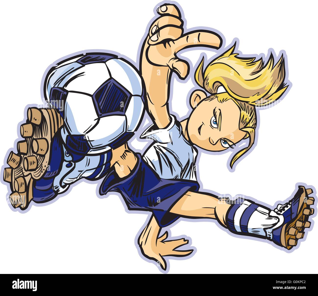 Vektor Clip Art Karikatur eines kaukasischen Mädchens mit einem Breakdance bewegen, Fußball zu spielen. Stock Vektor