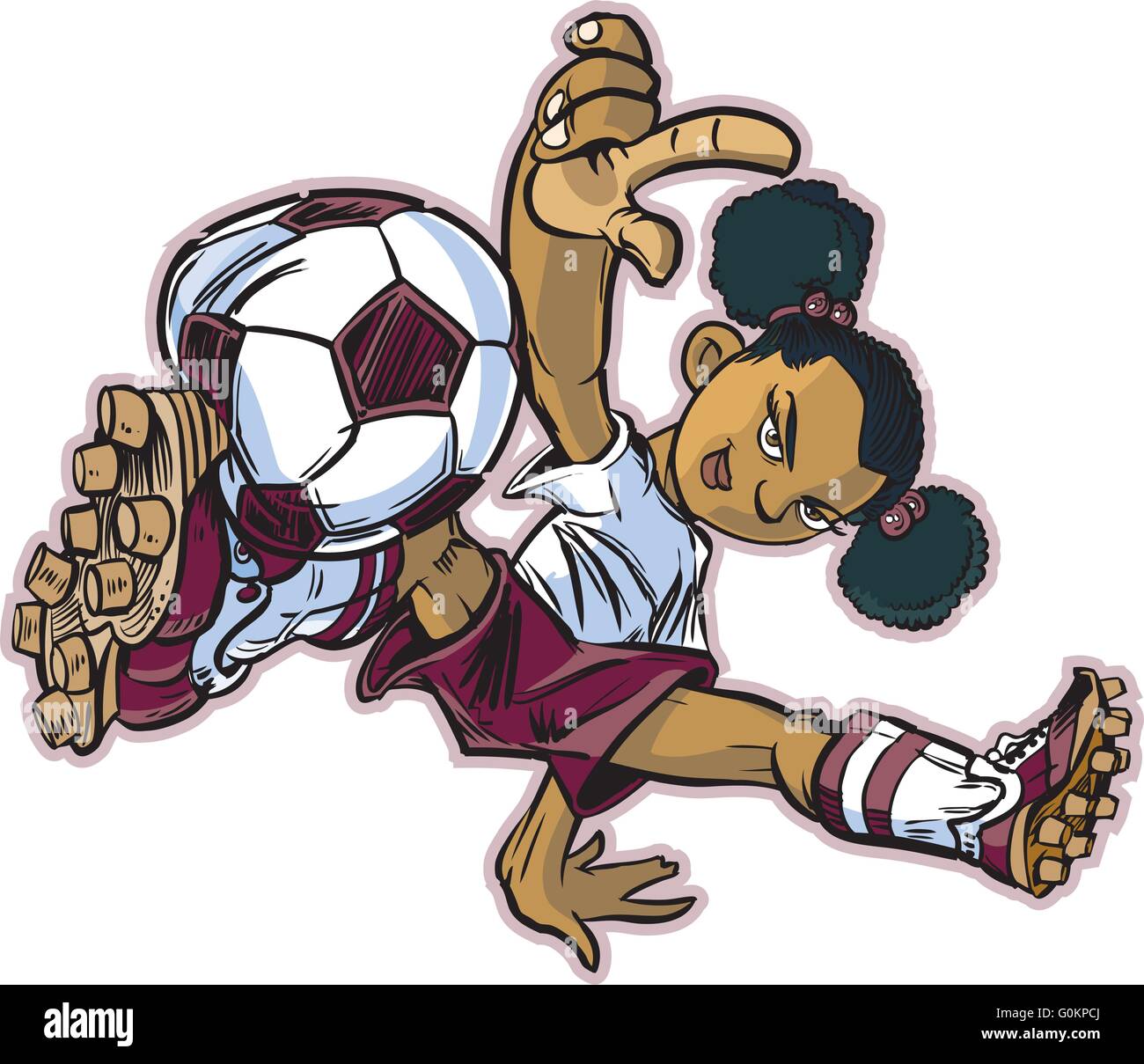 Vektor Clip Art Karikatur eines afrikanischen Mädchens mit einem Breakdance bewegen, Fußball zu spielen. Stock Vektor