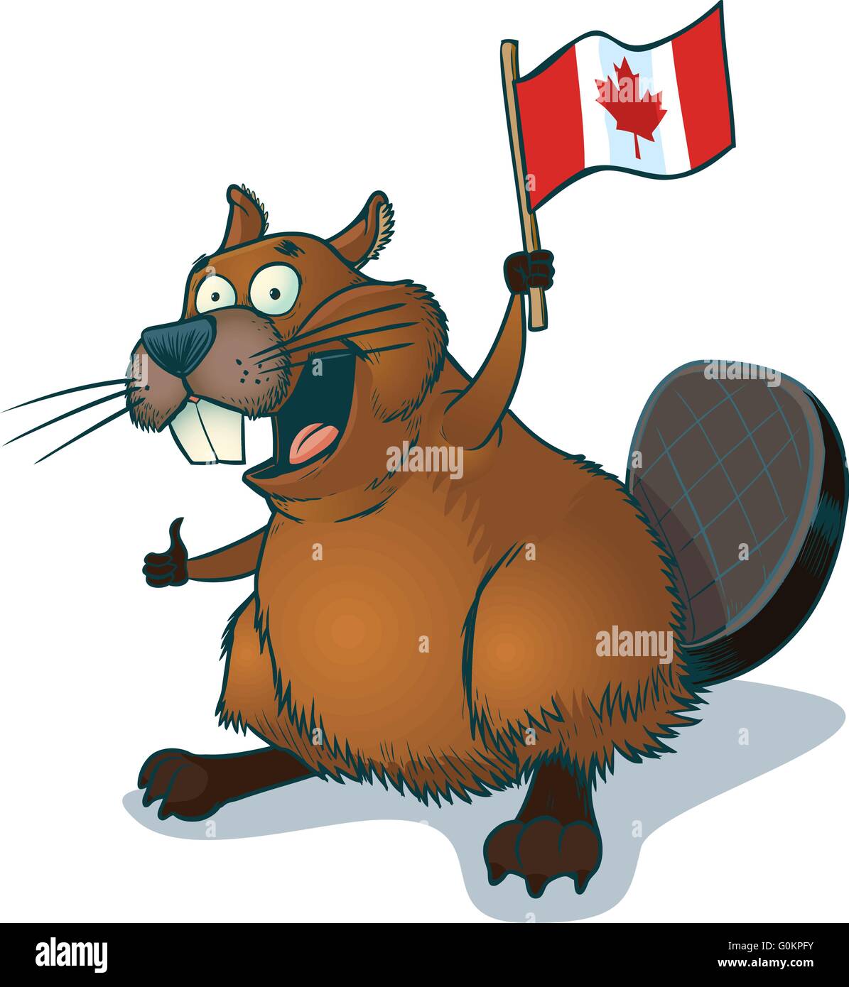 Vector Cartoon ClipArt von niedlich, glücklich Cartoon Biber eine kanadische Flagge winken. Stock Vektor