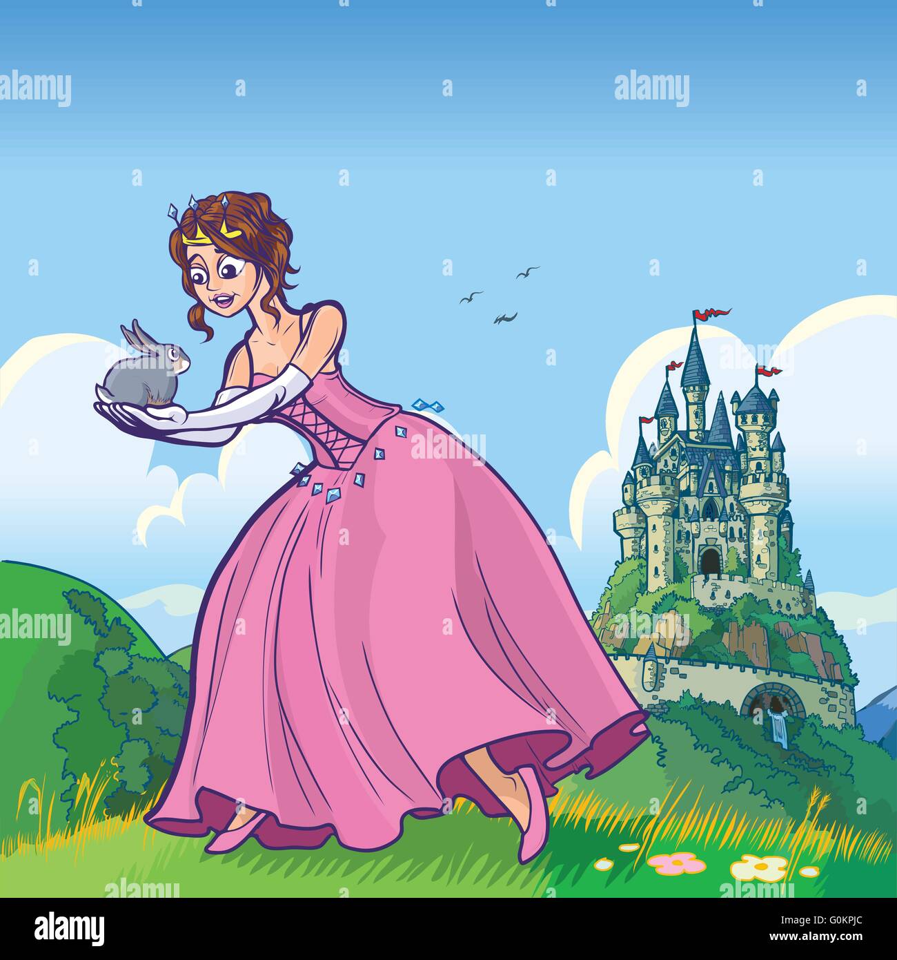 Vektor-Cartoon-Illustration einer Prinzessin hält ein Kaninchen mit einem Fantasie-Schloss im fernen Hintergrund. Stock Vektor