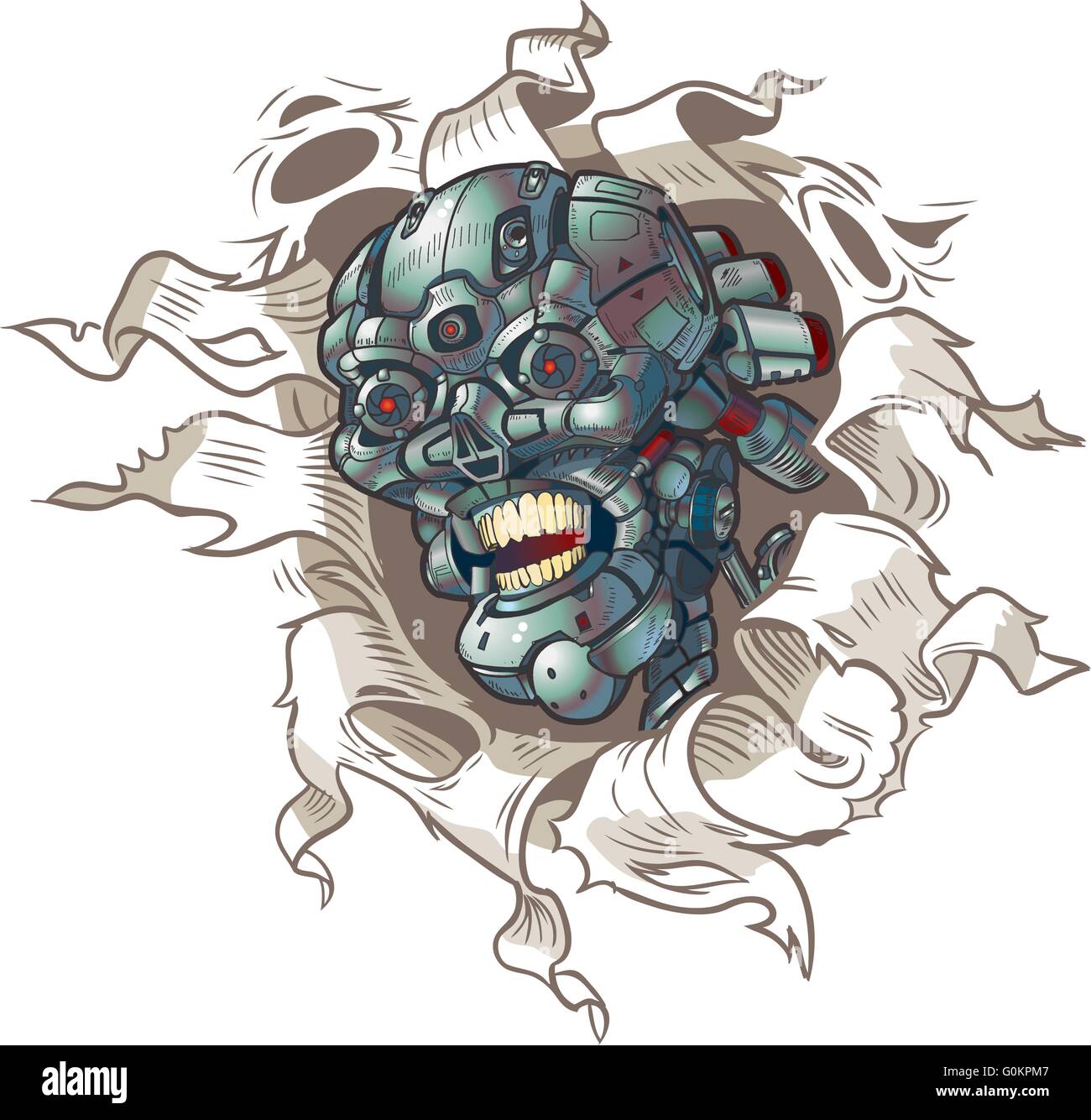 Vektor-Cartoon Clip Art Illustration eines Roboter-Schädels Rippen aus einem Loch im Hintergrund Stock Vektor