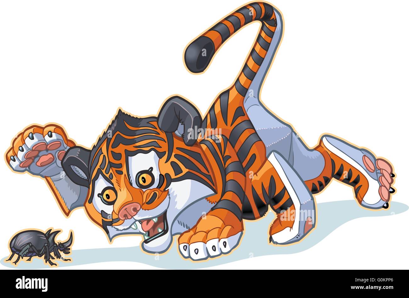 Vector Cartoon ClipArt Illustration der einen niedlichen Tiger Cub mit ein Nashornkäfer spielen. Stock Vektor