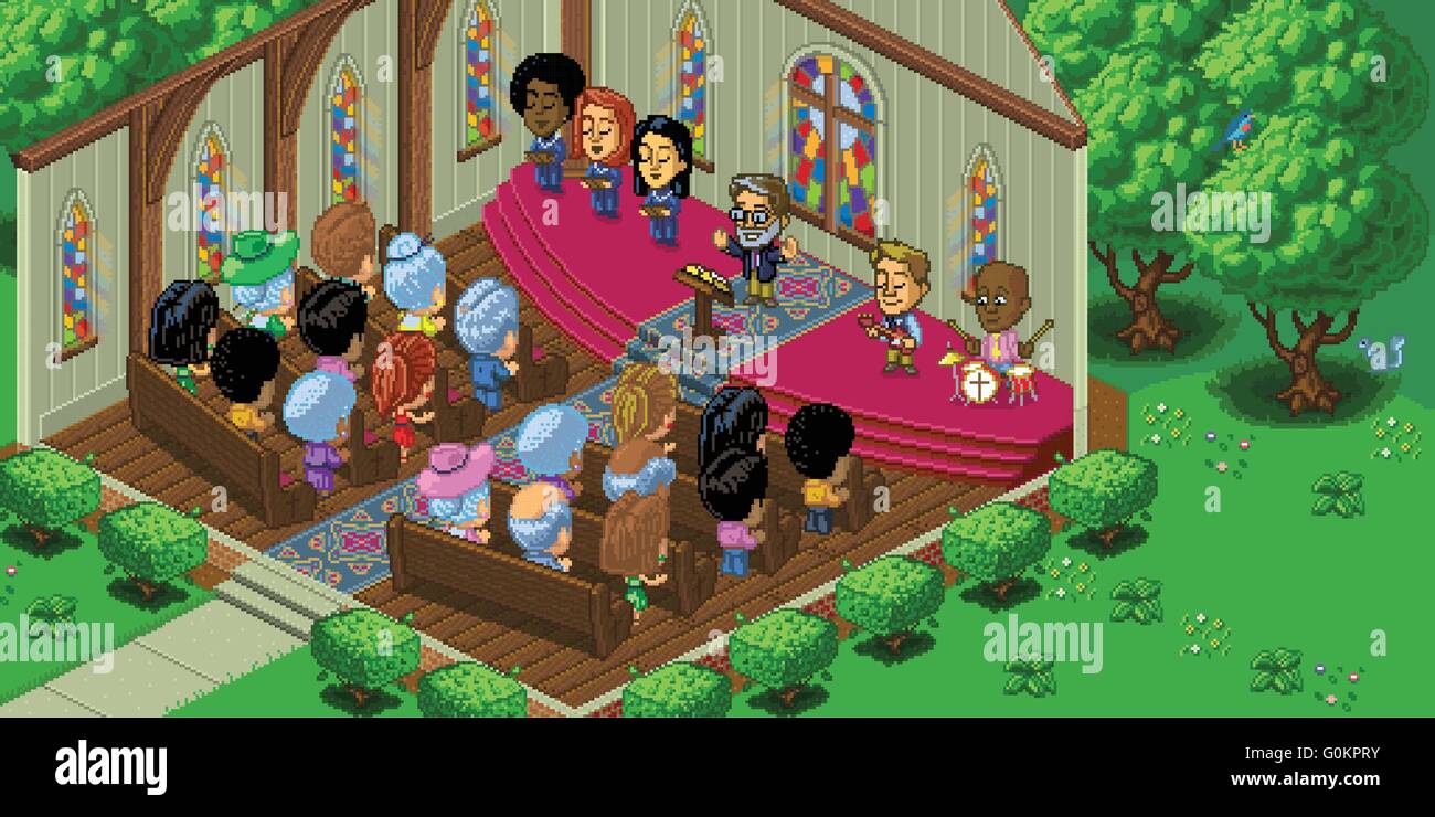 Vektor-Illustration von einem Gottesdienst in einem niedlichen Cartoon Videospiel Pixel-Art-Stil. Die Kirche liegt in einem Wald. Stock Vektor