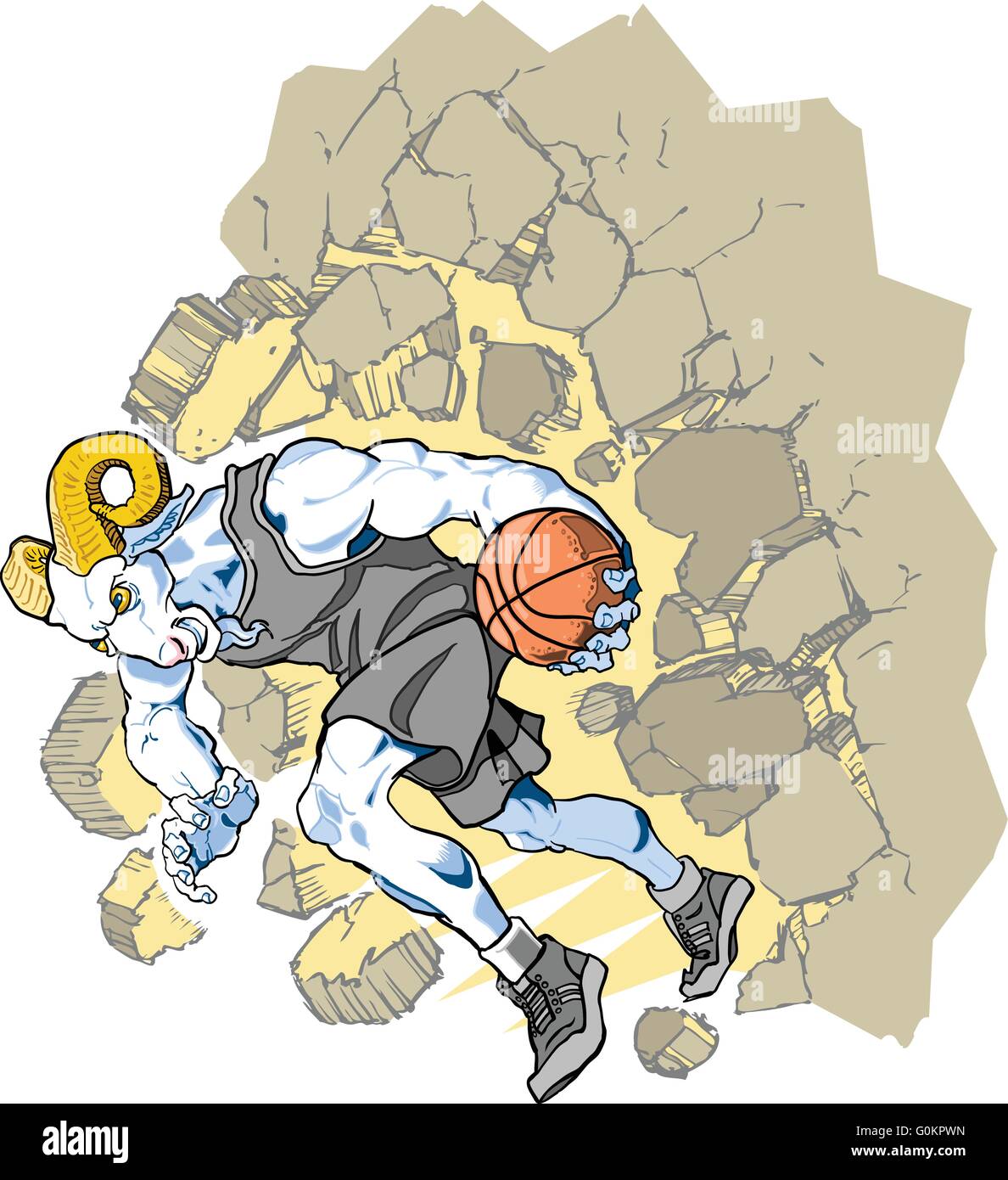 Cartoon-Vektor Clip-Kunst Illustration einer Ladestation Dickhornschafe oder ram, Basketball-Spieler Maskottchen Absturz durch eine Wand. Stock Vektor