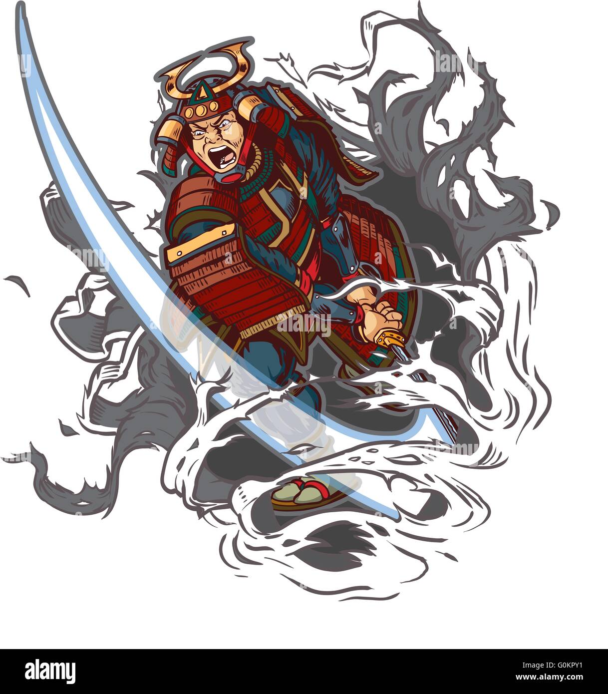 Vektor Cartoon Clip Art-Illustration ein zorniger oder suchen Hieb durch den Hintergrund mit dem Katana-Schwert Samurai Mittelwert. Stock Vektor