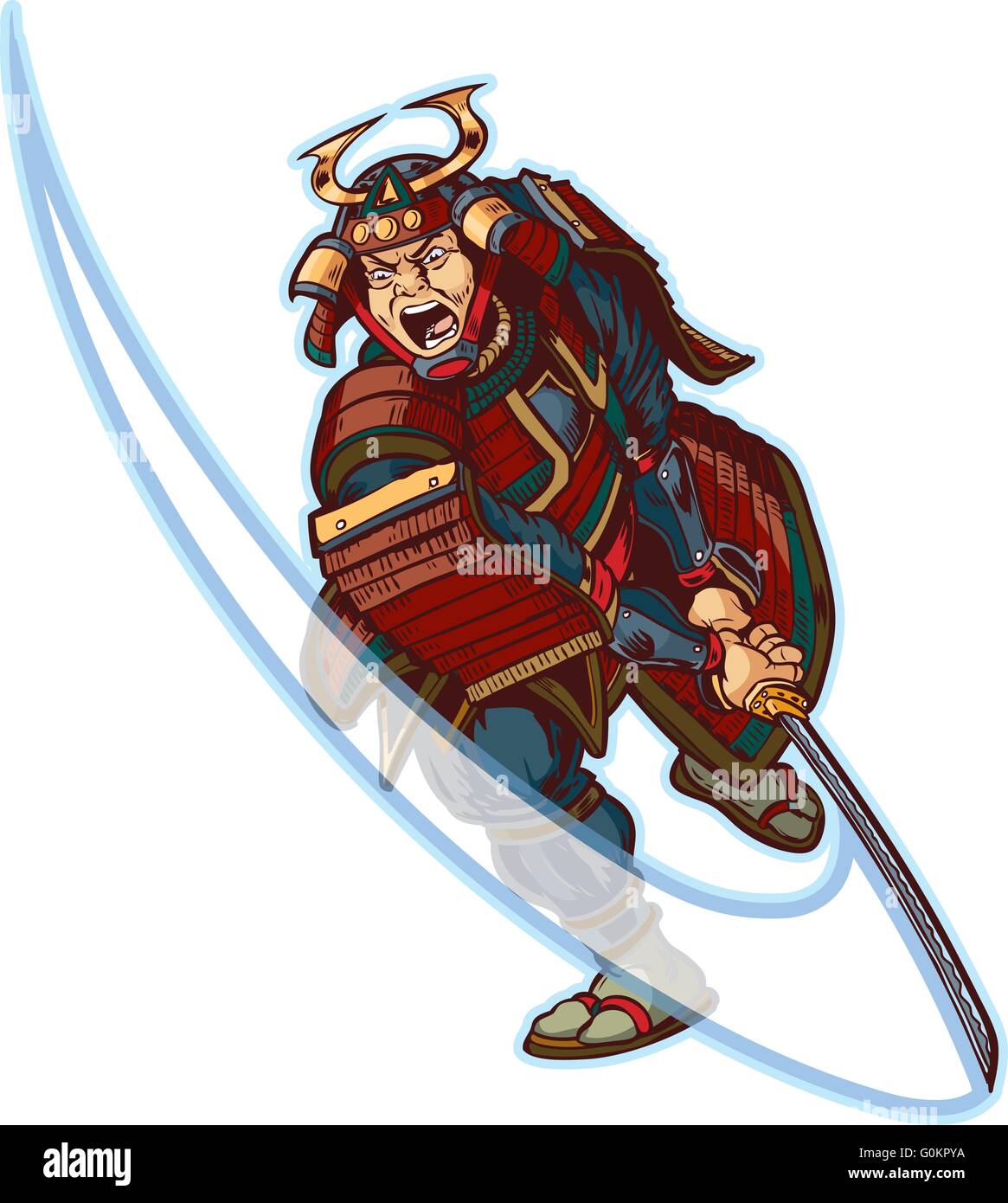 Vektor Cartoon Clip Art-Illustration ein zorniger oder suchen Hieb mit seinem Katana Schwert Samurai Mittelwert. Stock Vektor