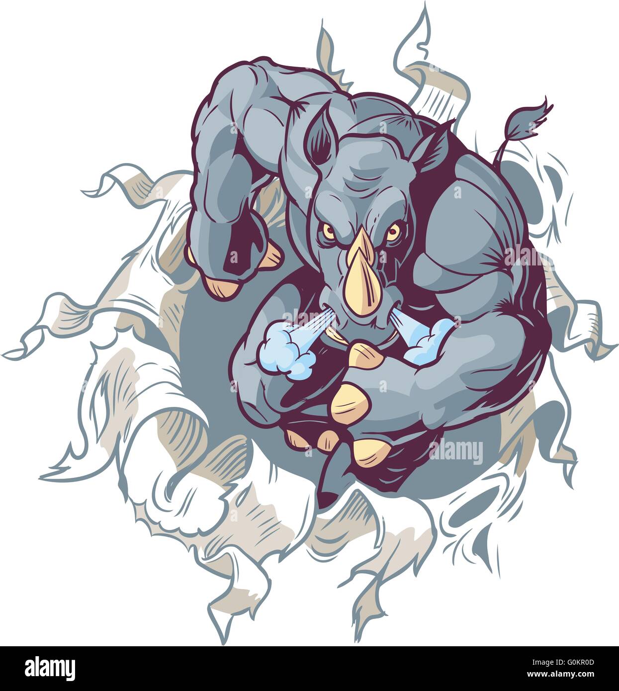 Vector Cartoon ClipArt Illustration einer anthropomorphen Cartoon Maskottchen Rhino Rippen nach vorne durch ein Papierhintergrund. Stock Vektor