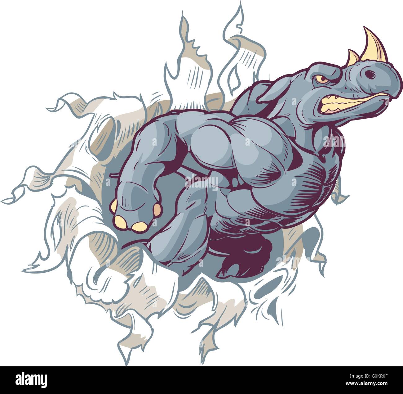 Vector Cartoon ClipArt Illustration einer anthropomorphen Cartoon Maskottchen Rhino Rippen durch ein Papierhintergrund. Stock Vektor