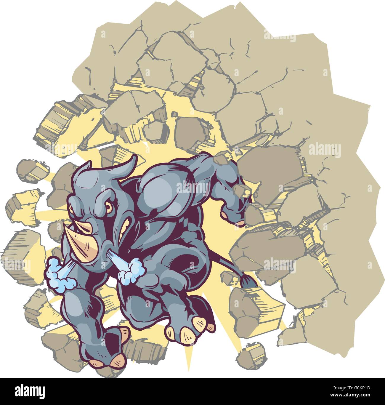 Cartoon Clip Art Vektorgrafik ein hockend anthropomorphe Maskottchen Rhino Absturz durch eine Wand. Stock Vektor