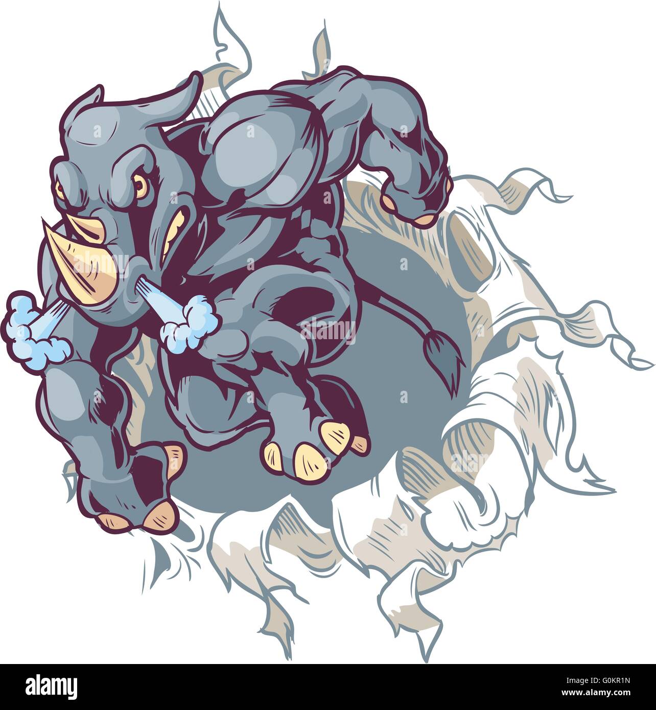 Vector Cartoon ClipArt Illustration eines kauernden anthropomorphe Cartoon Maskottchen Nashorns Rippen durch ein Papierhintergrund. Stock Vektor