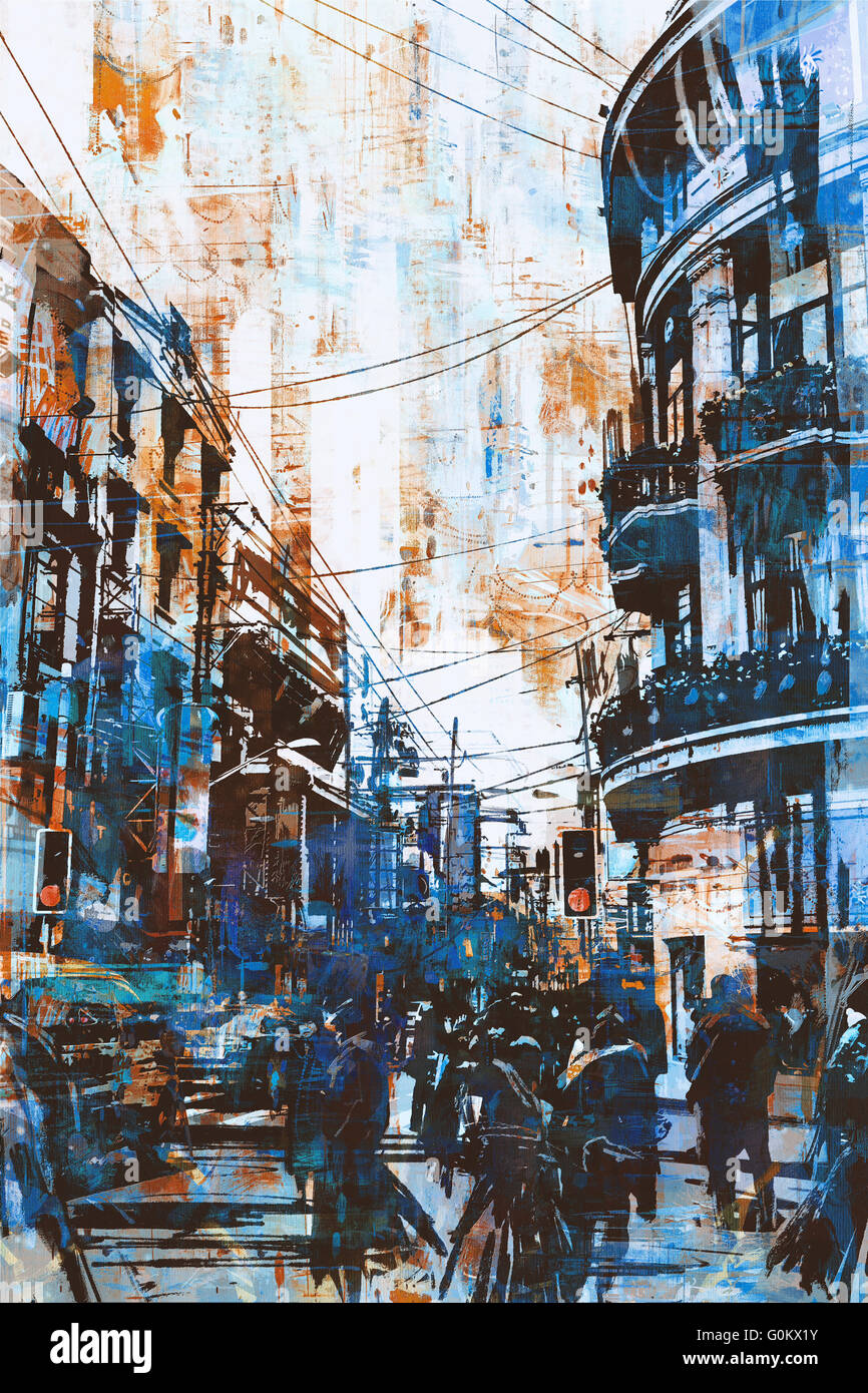 Abbildung Malerei städtische Straße mit Grunge Texturen Stockfoto