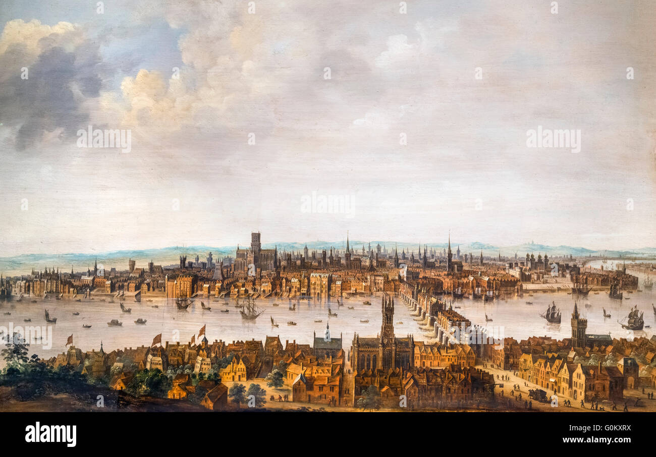 London von Southwark, c.1630. Old London Bridge ist im rechten Vordergrund und St. Pauls Cathedral in der Ferne. Dieses Gemälde zeigt die Stadt vor dem Großbrand von 1666. Stockfoto