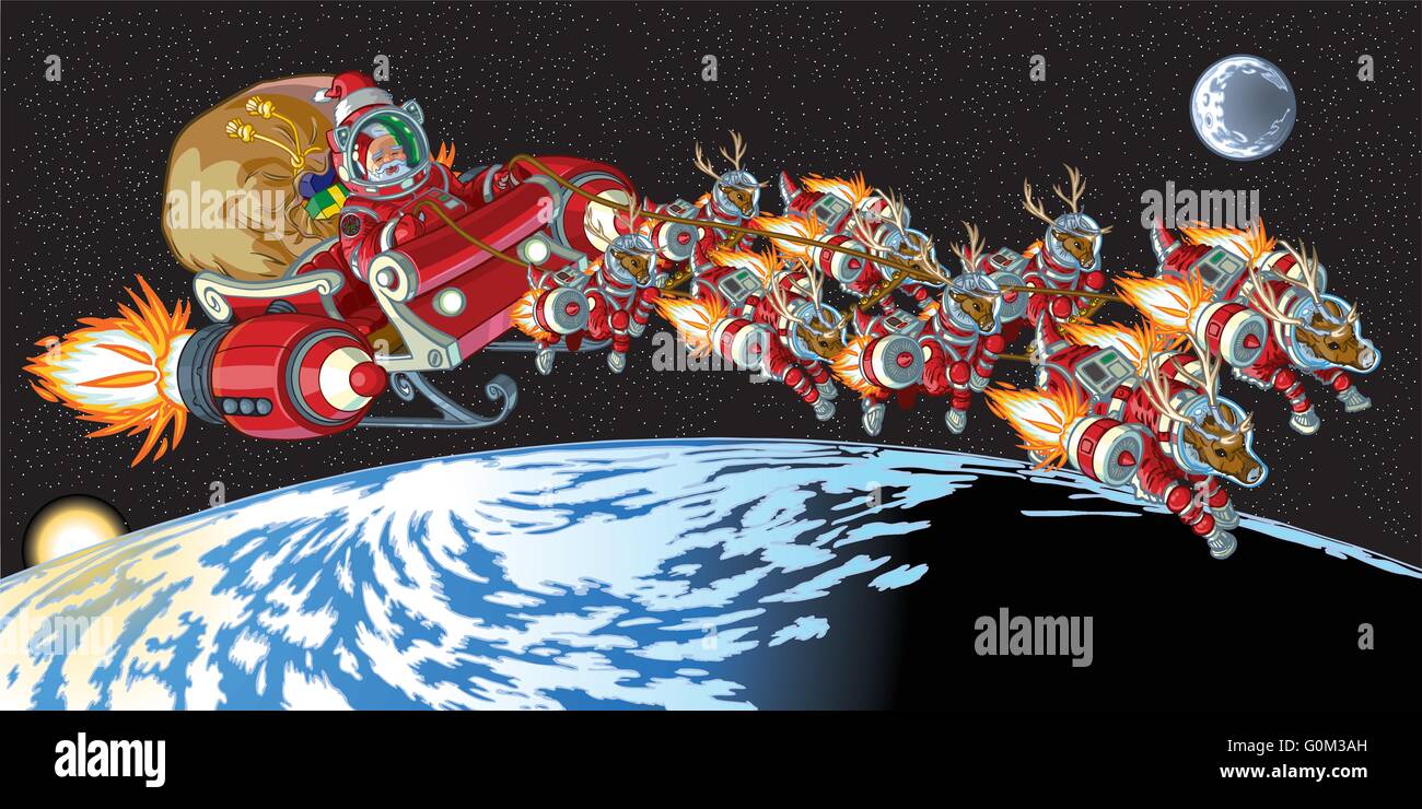 Vektor-Cartoon-Illustration von Santa Claus und seine Rentiere Astronauten Raumanzüge tragen und fahren eine Rakete angetrieben Schlitten. Stock Vektor