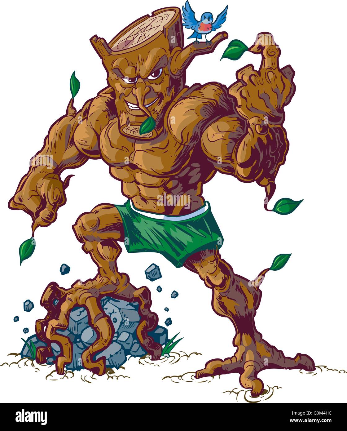 Cartoon Clip Art Vektorgrafik von harten mittleren Baum Mann Maskottchen brechen ein Fels mit seinem Stamm-Fuß. Stock Vektor