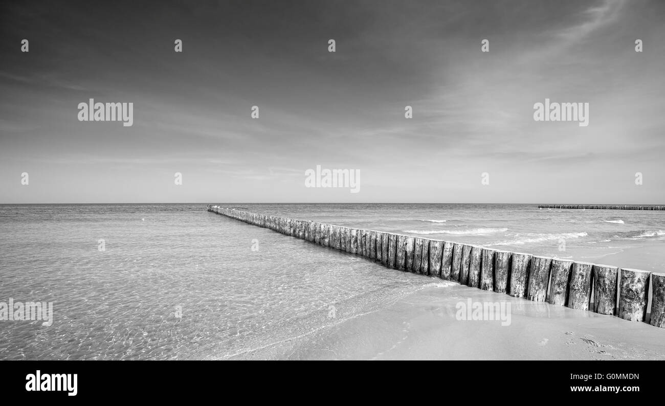 Schwarz / weiß-Panorama-Foto von einem hölzernen Wellenbrecher an einem Strand. Stockfoto