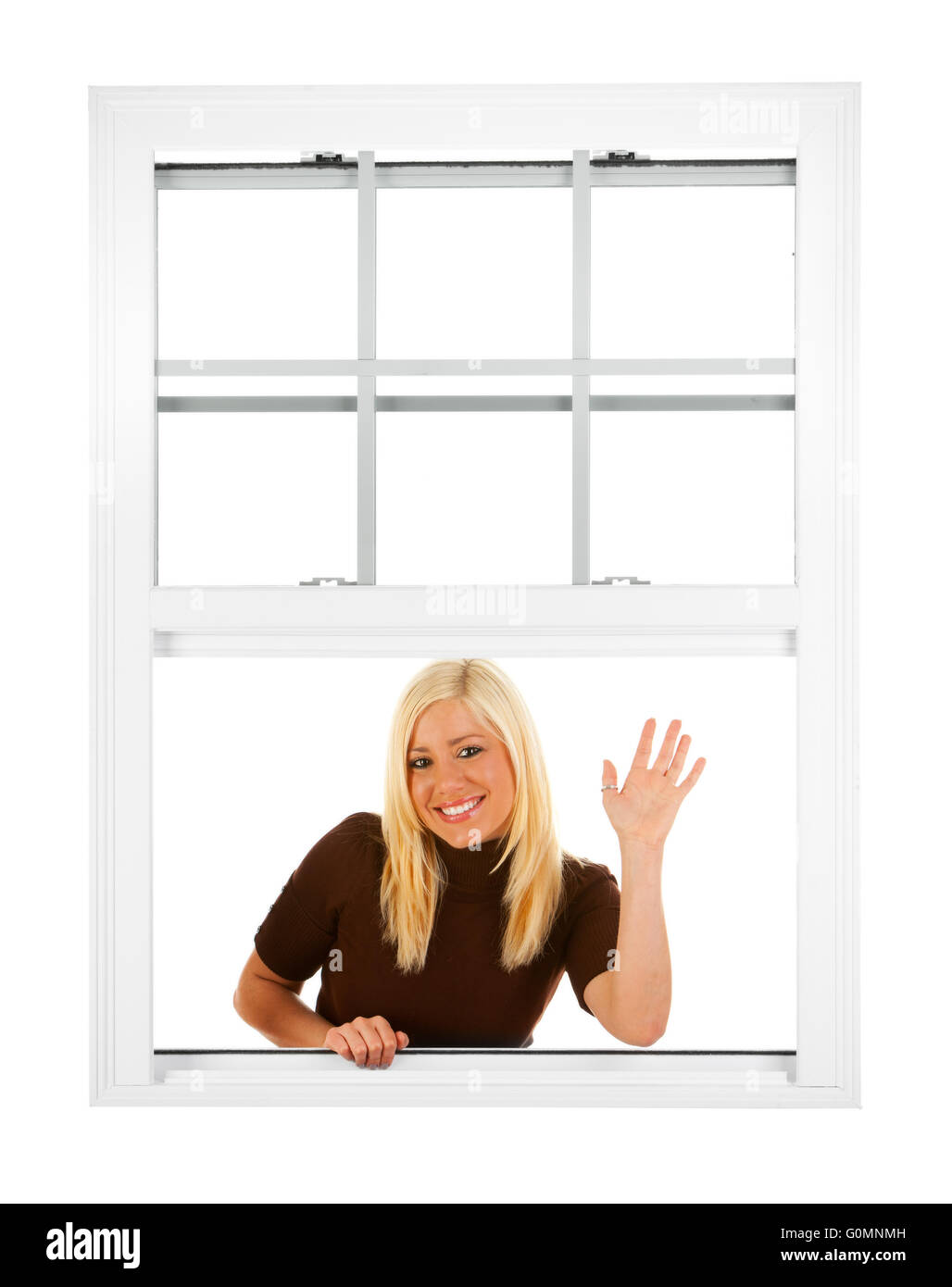 Hübsche Frau, Blick aus dem Fenster verschiedene Posen zu tun. Stockfoto