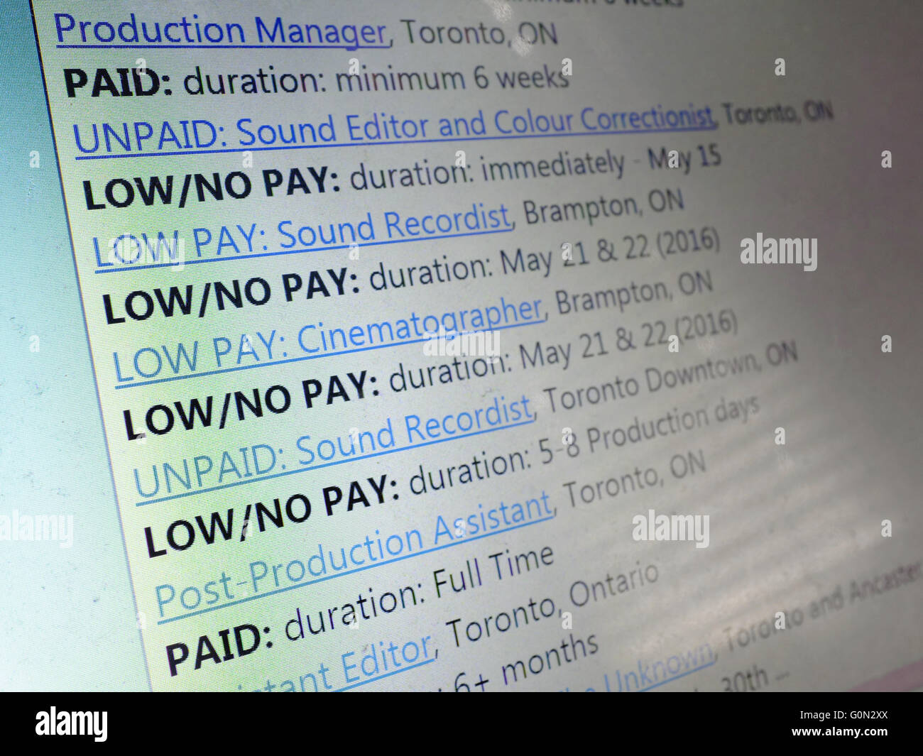 Eine Website, die niedrig und keine Pay-Stellenangebote aufgelistet. Stockfoto