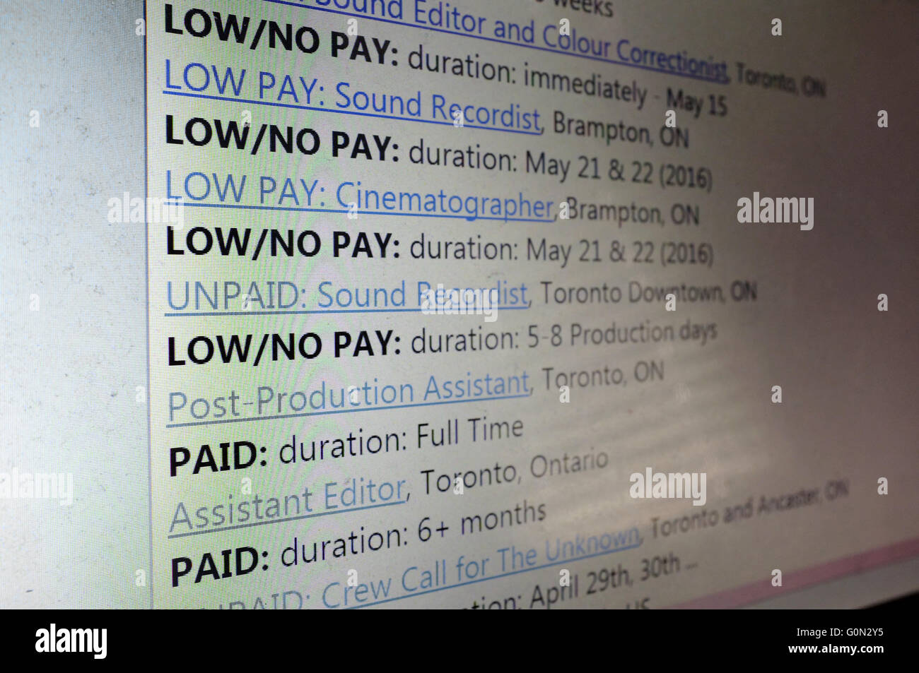 Eine Website, die niedrig und keine Pay-Stellenangebote aufgelistet. Stockfoto