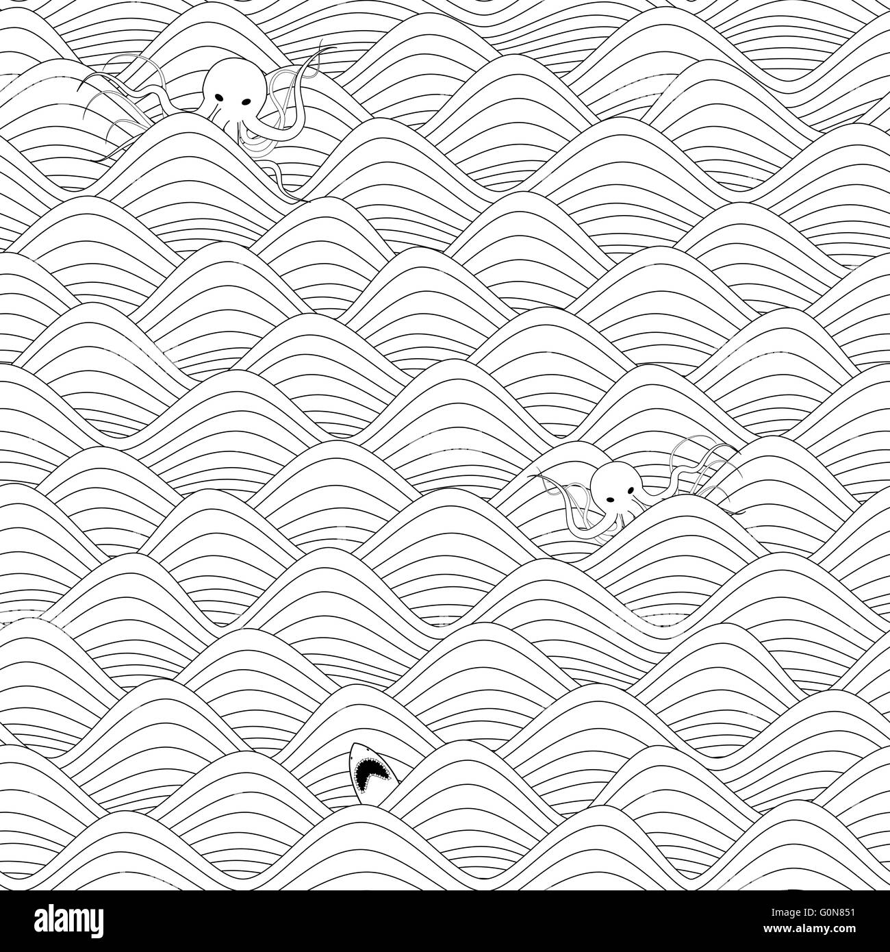 wiederholbare nahtlose grafischen Hintergrund mit Wellen, Riesenkraken und weiße Haie in schwarz / weiß Stockfoto