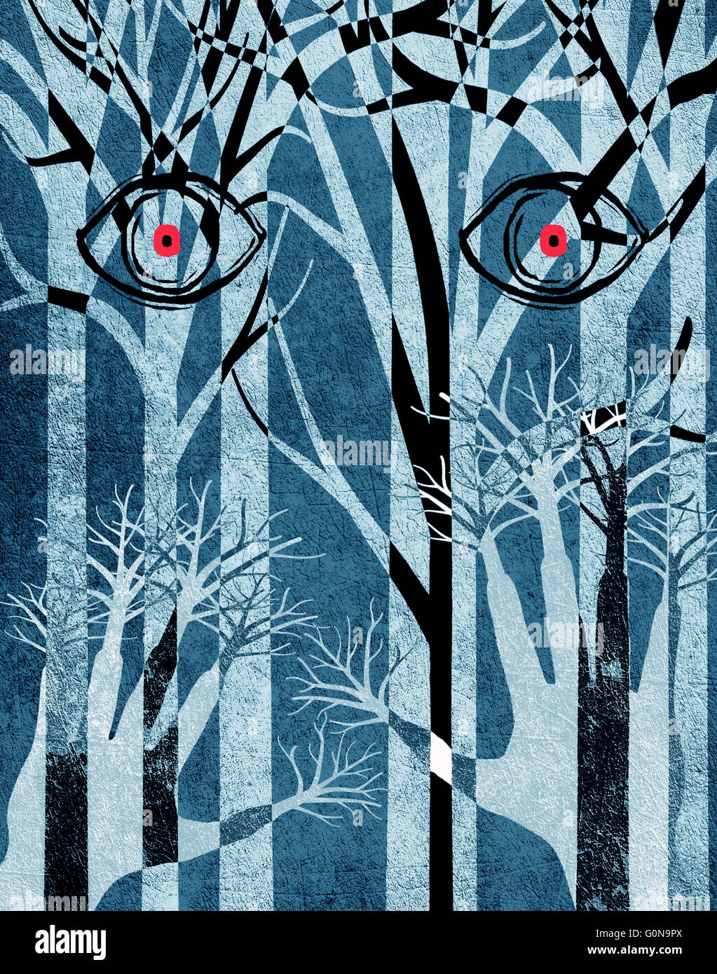 blaue Wald mit Augen und Händen digitale illustration Stockfoto